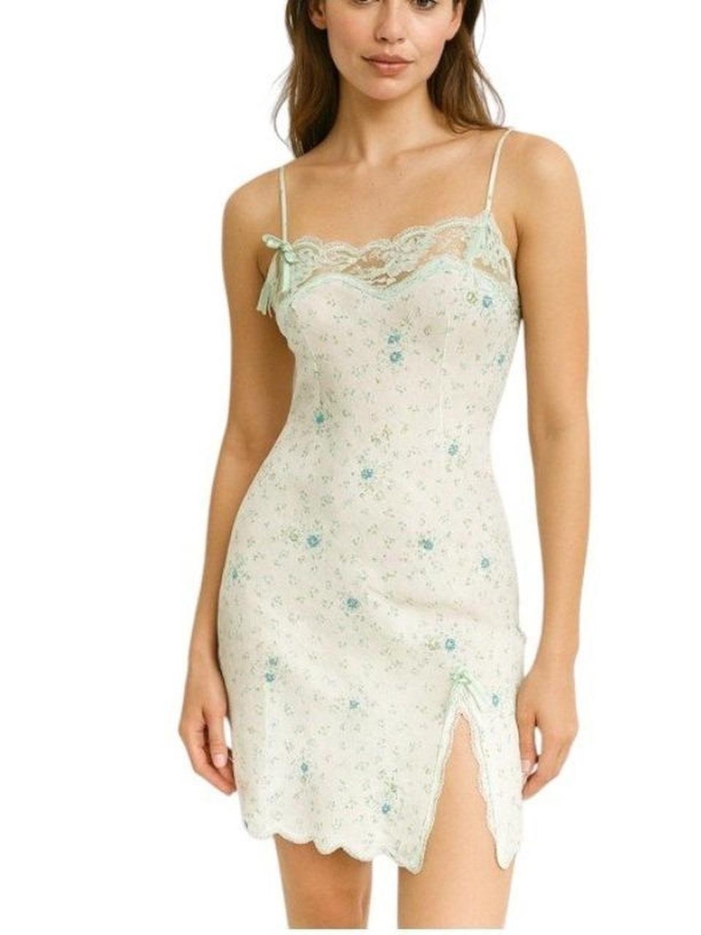 Vintage Victoria’s Secret Slip Dress L Floral Lace Trim Satin Chemise Y2K Mint